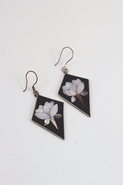 Vintage Mexican Alpaca Silver Dangle Earrings Mother Of Pearl Inlay Floral Abalone Shell
