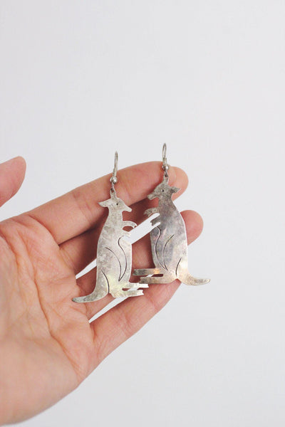 Vintage Alpaca Mexico Silver Kangaroo Dangle Earrings Animal Jewelry Handmade