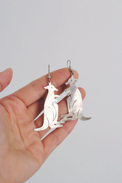 Vintage Alpaca Mexico Silver Kangaroo Dangle Earrings Animal Jewelry Handmade
