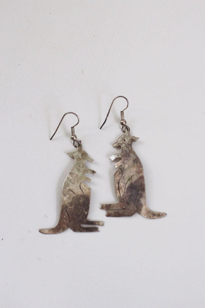 Vintage Alpaca Mexico Silver Kangaroo Dangle Earrings Animal Jewelry Handmade