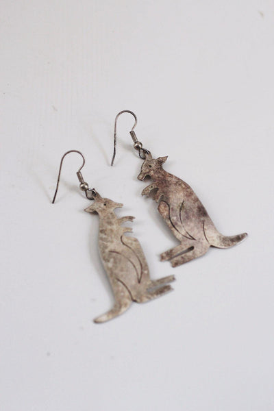 Vintage Alpaca Mexico Silver Kangaroo Dangle Earrings Animal Jewelry Handmade