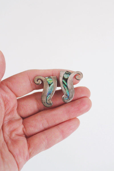 Vintage Sterling Silver Abalone Earrings Taxco Mexican Modernist Swirl Screw Back Clip On