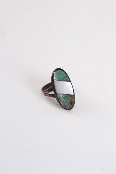 Vintage Native American Sterling Silver Ring Turquoise Mother Of Pearl MOP Inlay Size 5.5
