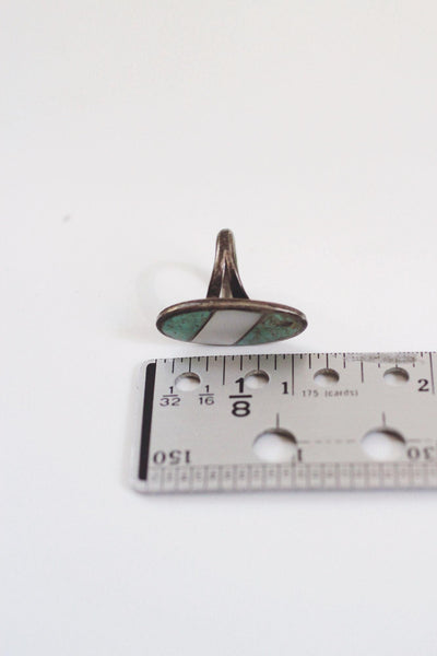 Vintage Native American Sterling Silver Ring Turquoise Mother Of Pearl MOP Inlay Size 5.5
