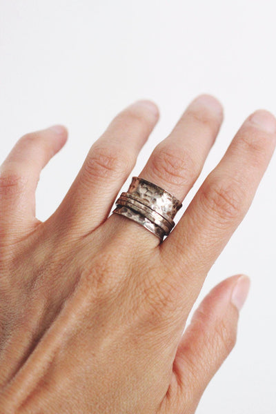 Hammered Sterling Silver Spinner Ring Vintage Boho Wide Band Meditation Anxiety Fidget