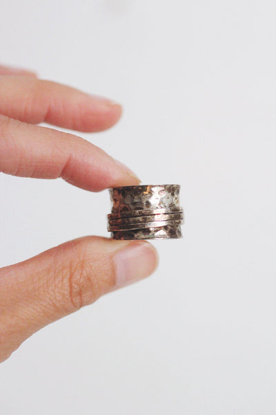 Hammered Sterling Silver Spinner Ring Vintage Boho Wide Band Meditation Anxiety Fidget
