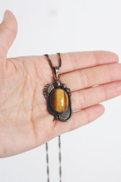 Vintage Sterling Silver Tigers Eye Pendant Necklace Southwestern Navajo Hand Stamped