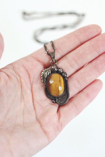 Vintage Sterling Silver Tigers Eye Pendant Necklace Southwestern Navajo Hand Stamped
