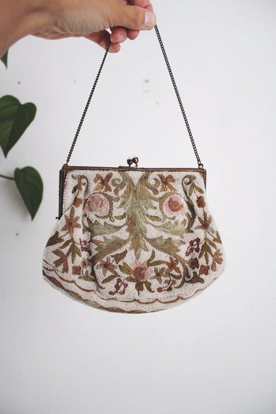Vintage Floral Beaded Handbag With Chain Strap & Satin Lining