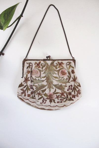 Vintage Floral Beaded Handbag With Chain Strap & Satin Lining