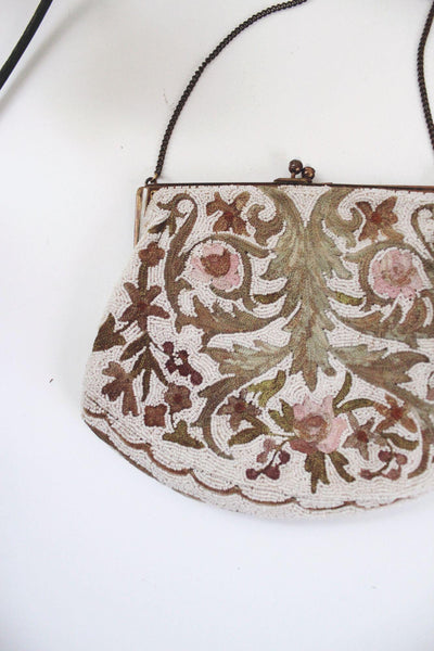 Vintage Floral Beaded Handbag With Chain Strap & Satin Lining