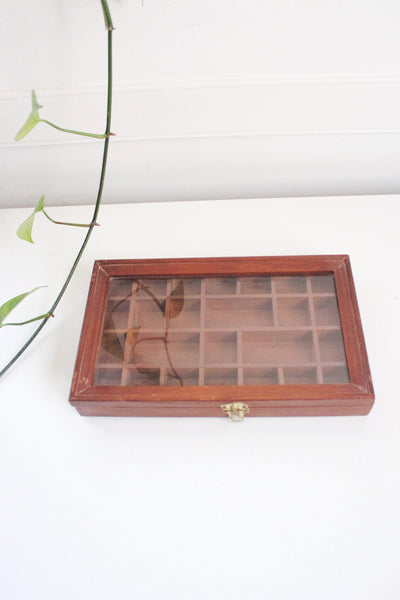 Vintage Wooden Storage Cabinet Display Trinket Shelf - Handmade, Glass Front, Rustic