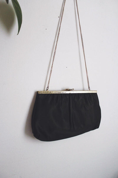 Vintage Black Satin Evening Bag Clutch Purse Cocktail Gold Chain Strap Mardane USA