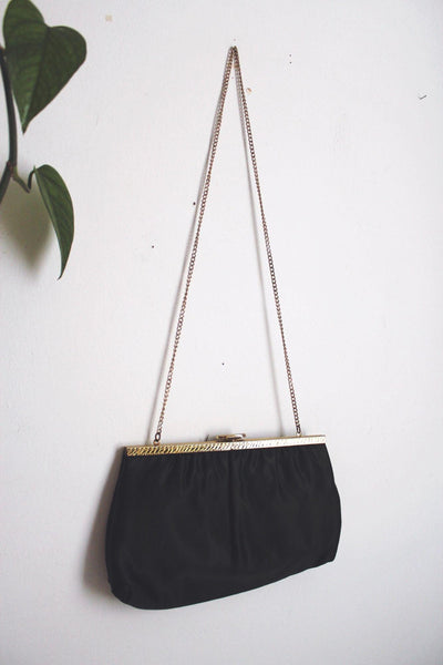 Vintage Black Satin Evening Bag Clutch Purse Cocktail Gold Chain Strap Mardane USA