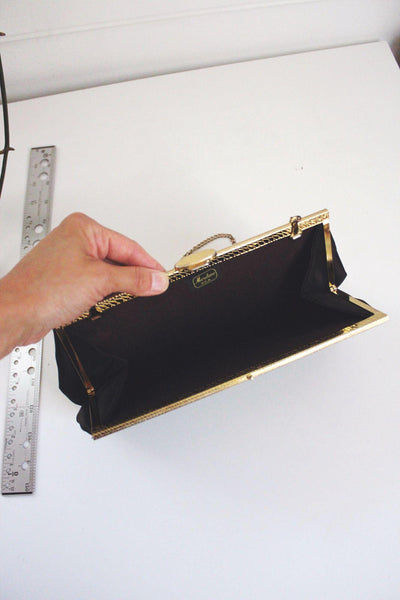 Vintage Black Satin Evening Bag Clutch Purse Cocktail Gold Chain Strap Mardane USA