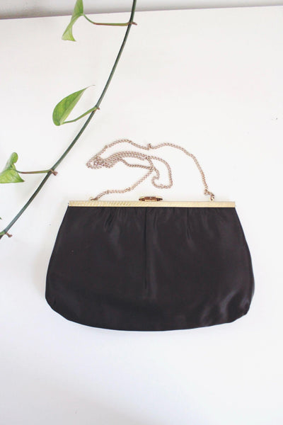 Vintage Black Satin Evening Bag Clutch Purse Cocktail Gold Chain Strap Mardane USA
