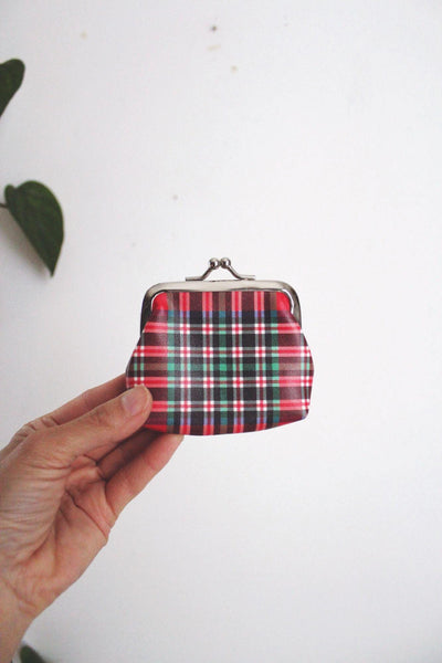 Vintage Red Green Tartan Plaid Coin Purse With Metal Kiss Lock Clasp Closure