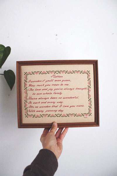 Framed Cross-Stitch Poem Mother Floral 8x10 Vintage Embroidery Art Wooden Frame