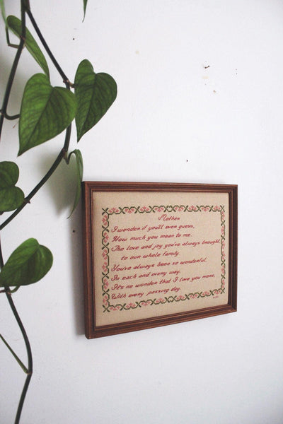 Framed Cross-Stitch Poem Mother Floral 8x10 Vintage Embroidery Art Wooden Frame