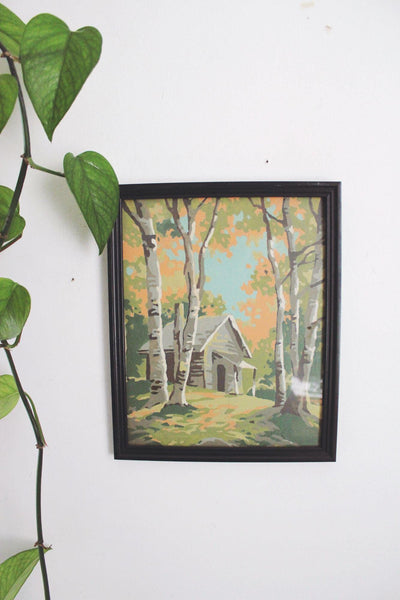 Framed Vintage Paint-By-Numbers Wall Art Cabin Birch Trees 8x10 Mid Century
