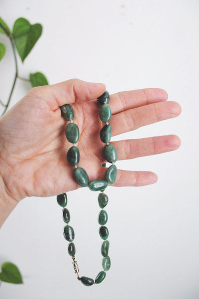 Vintage Green Aventurine Stone Beaded Necklace Nugget Hand Knotted Long Barrel Clasp
