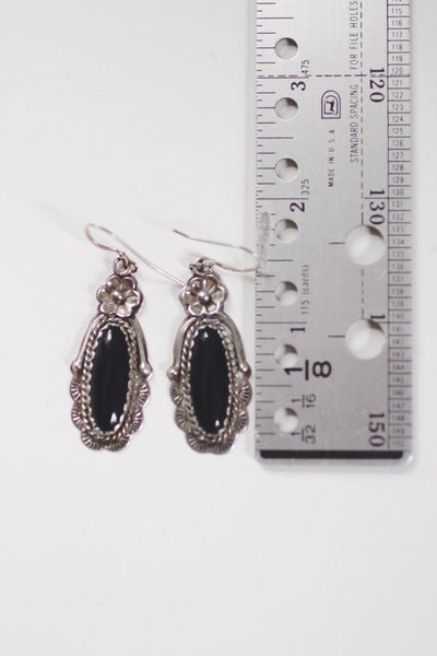 Vintage Southwestern Sterling Silver Black Onyx Dangle Earrings Floral 925