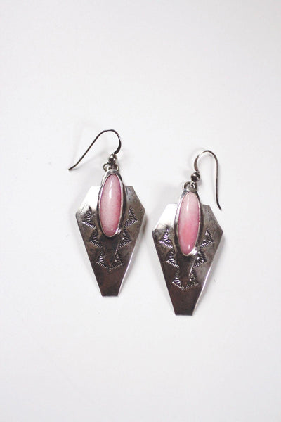 Vintage Southwestern Sterling Silver Dangle Earrings Rhodonite Pink Stone Hand-Stamped