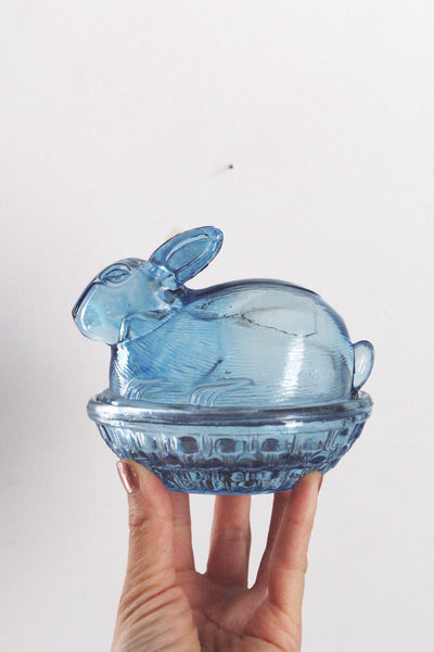 Vintage Blue Glass Bunny on Nest Candy Dish Rabbit Trinket Box Holder Pressed