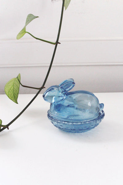 Vintage Blue Glass Bunny on Nest Candy Dish Rabbit Trinket Box Holder Pressed