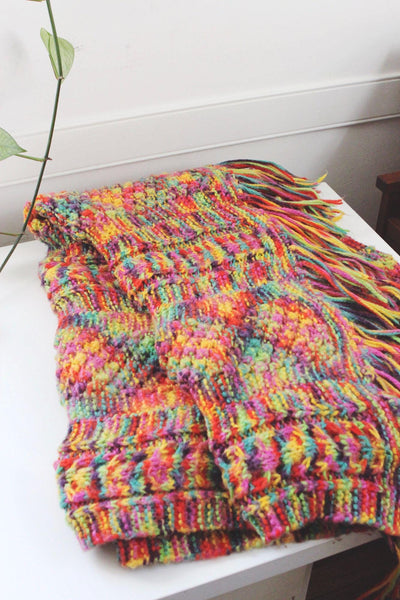 Vintage Hand Knit Crochet Rainbow Throw Blanket Fringe Boho Handcrafted Retro