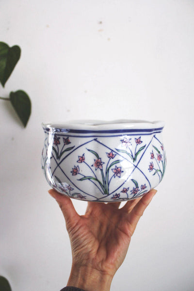 Vintage Chinoiserie Floral Planter Bulb Bowl Hand-Painted Ceramic Cachepot Centerpiece