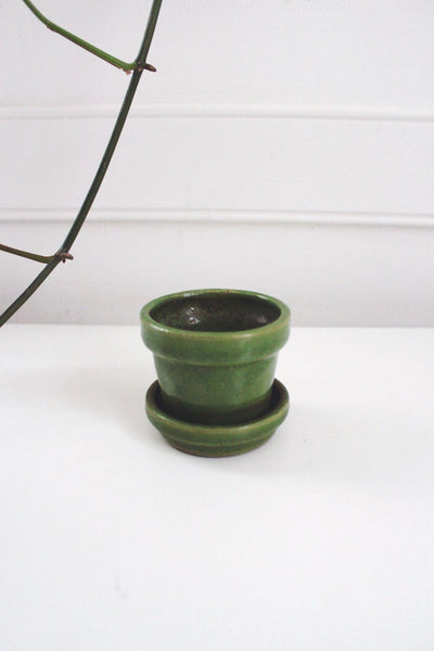 Vintage Glazed Green Ceramic Planter Small Mini Flower Pot Saucer Mid Century Modern