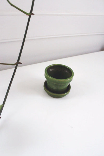 Vintage Glazed Green Ceramic Planter Small Mini Flower Pot Saucer Mid Century Modern