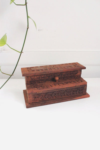 Vintage Hand-Carved Indian Wooden Step Box Jewelry Trinkets Floral Rosewood Keepsake