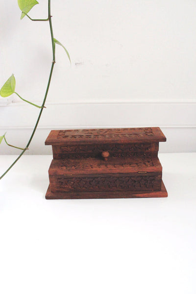 Vintage Hand-Carved Indian Wooden Step Box Jewelry Trinkets Floral Rosewood Keepsake