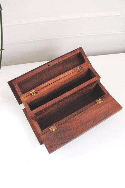 Vintage Hand-Carved Indian Wooden Step Box Jewelry Trinkets Floral Rosewood Keepsake