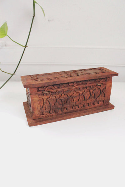 Vintage Hand-Carved Indian Wooden Step Box Jewelry Trinkets Floral Rosewood Keepsake