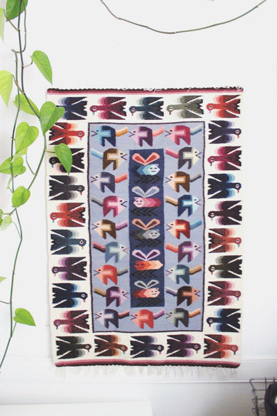 Vintage Handwoven Wool Tapestry Rug Folk Art Birds Geometric Wall Hanging Southwestern