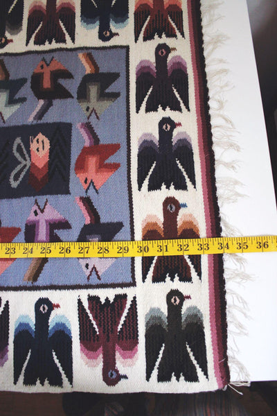 Vintage Handwoven Wool Tapestry Rug Folk Art Birds Geometric Wall Hanging Southwestern