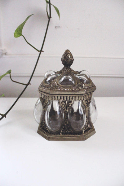 Vintage Silver Hand Blown Caged Bubble Glass Apothecary Jar Baroque Brass Bronze