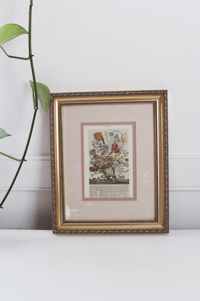 Vintage Framed Botanical Print March Twelve Months of Flowers Wall Art Cottagecore
