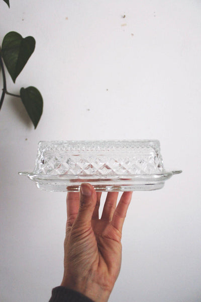 Vintage Anchor Hocking Wexford Glass Butter Dish Diamond Pressed 60s Elegant