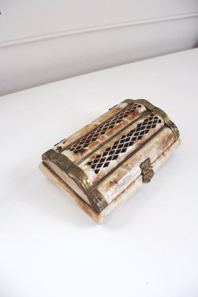 Vintage Handmade Bone Brass Trinket Jewelry Box Lattice India Boho Chest