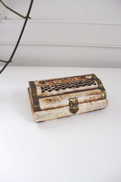 Vintage Handmade Bone Brass Trinket Jewelry Box Lattice India Boho Chest