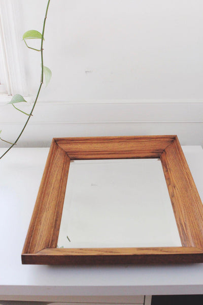 Vintage Beveled Wood Framed Wall Mirror Solid Oak Rectangle Mid Century Farmhouse Rustic