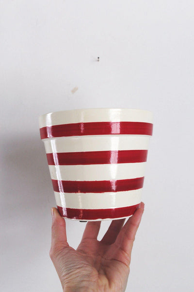 Vintage Red White Striped Ceramic Planter Pot Hand Painted Classic Retro
