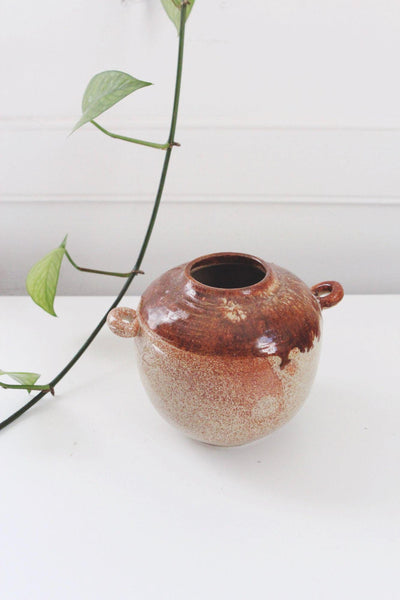 Vintage Studio Pottery Jar Handled Glazed Ceramic Vase Rustic Brown Speckled Handcrafted