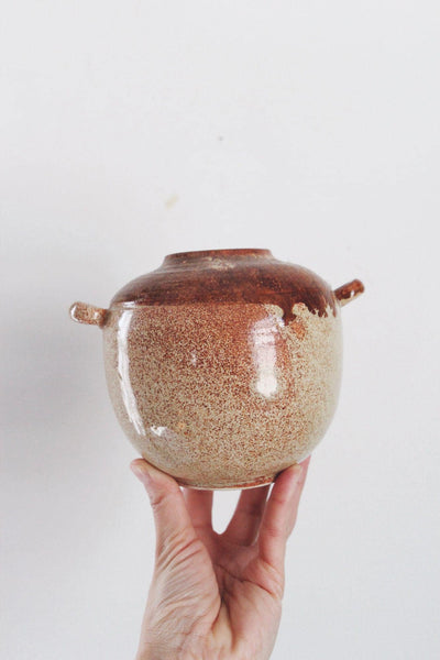 Vintage Studio Pottery Jar Handled Glazed Ceramic Vase Rustic Brown Speckled Handcrafted