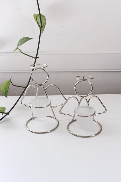 Set Of 2 Vintage Angel Tealight Candle Holders Silver Frosted Glass Votive Minimalist