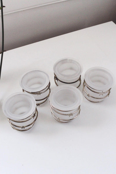 Set Of 5 Vintage Frosted Glass Tea Light Votive Candle Holders Celestial Star Silver